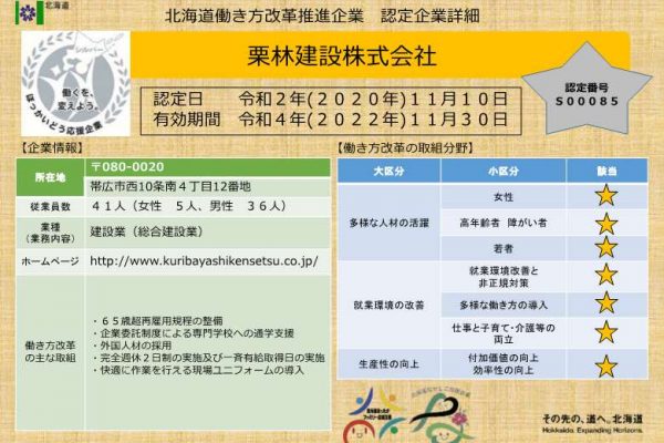 北海道働き方改革推進企業としてシルバー認定を頂きました。